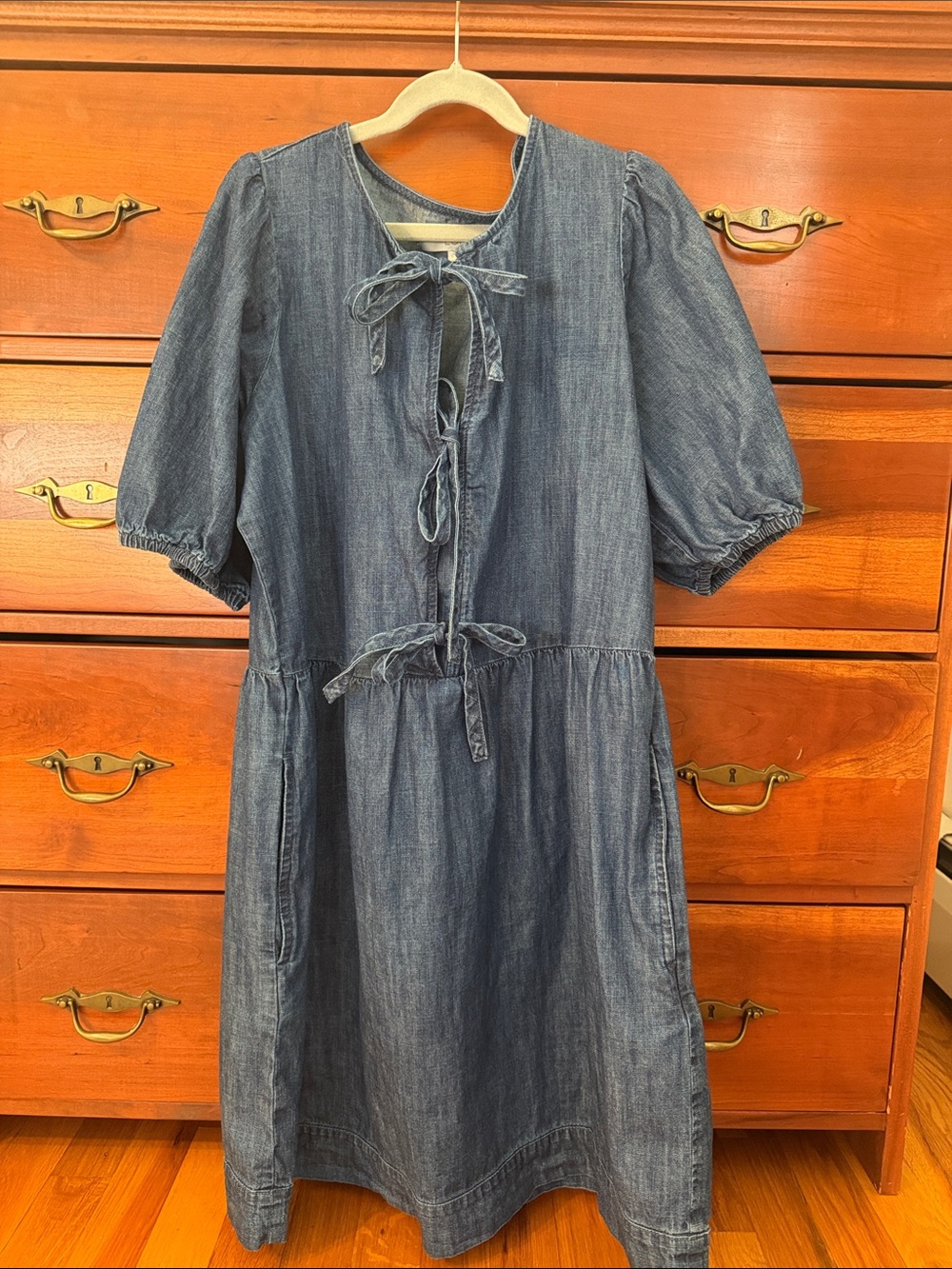 LOFT Denim Blue Tie-Front Puff Sleeve Dress